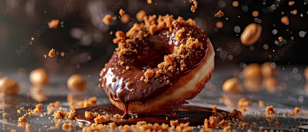 A scrumptious chocolate glazed donut with peanut crumbs falling onto the surface A scrumptious chocolate glazed donut with peanut crumbs falling onto the surface