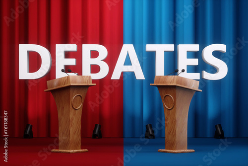 Political debates, struggle for leadership, power, appeal to voters, two candidates. Two wooden stands with microphones on a blue-red background, the inscription debate. Mixed media.