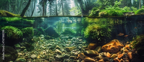 A serene split view of a forest stream
