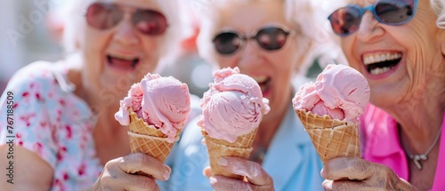 A Three joyful senior women in sunglasses enjoying pink ice cream cones on a sunny day