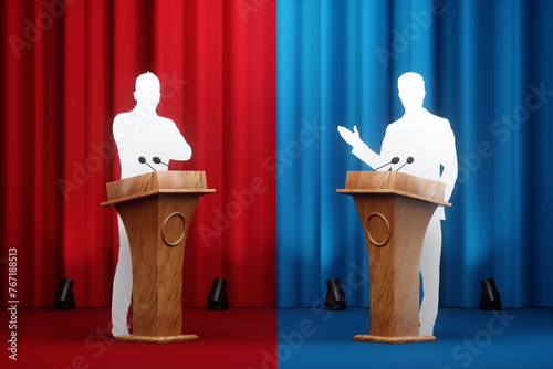 Political debates, struggle for leadership, power, appeal to voters, two candidates. Two wooden stands with microphones on a blue-red background and silhouettes of candidates. Mixed media.