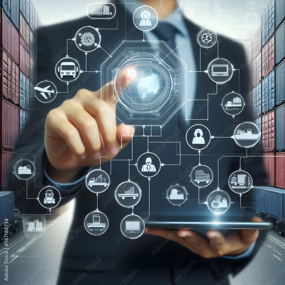 Photo real for Close-up of a manager hand pointing at a logistics flowchart, soft focus on shipping containers in the background in Digital innovation abstract theme ,Full depth of field, clean bright Photo real for Close-up of a manager hand pointing at a logistics flowchart, soft focus on shipping containers in the background in Digital innovation abstract theme ,Full depth of field, clean bright