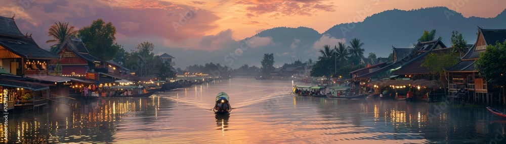 The bustling activity of a traditional Asian floating market at dawn - obrazy, fototapety, plakaty 