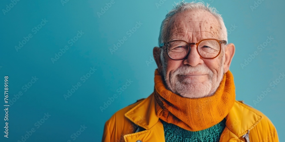 Smiling Scandinavian Senior in Yellow - obrazy, fototapety, plakaty 
