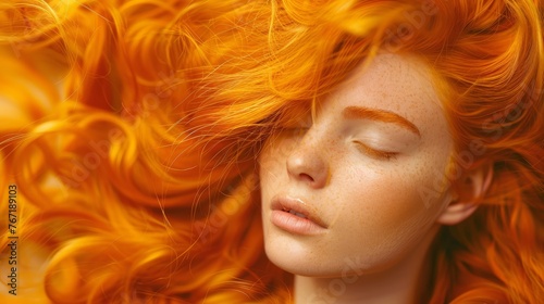 Portrait of a woman with vibrant orange hair in dynamic flow on a colorful background. Beauty and hair color concept.