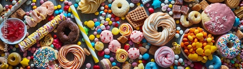 An overabundance of assorted junk food items and sweets spread out on a table showcasing a variety of colors and shapes