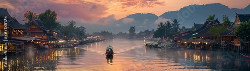 The bustling activity of a traditional Asian floating market at dawn photo