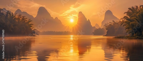 The sun rises casting a golden glow over the tranquil Li River and the stunning karst mountain landscape in Guangxi photo
