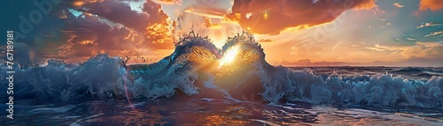 The ocean creates a natural heart shape with a wave during a breathtaking sunset