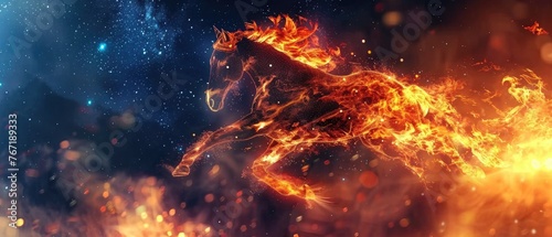 Against a backdrop of stars, horses with flaming manes race the night wind, a blur of fire and spirit , 3D illustration