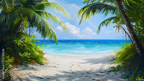 Tropical beach background as summer relax landscape with beach swing or hammock and white sand and calm sea for beach template. Amazing beach scene vacation and summer holiday concept. Generative Ai