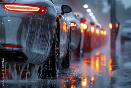 Hard rain fall at night with blurry cars as background. photo