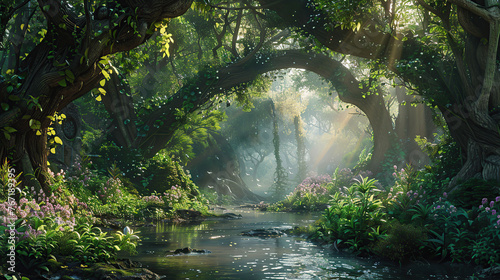 captivating digital masterpiece featuring a fairytale enchanted forest, with towering trees cloaked in verdant foliage and a serene river winding its way through the lush landscape photo