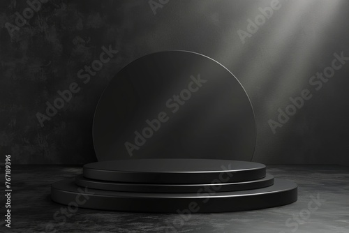 Classic minimalistic advertising podium in jet black, offering a timeless appeal with its stark contrast and mystery , 3D illustration