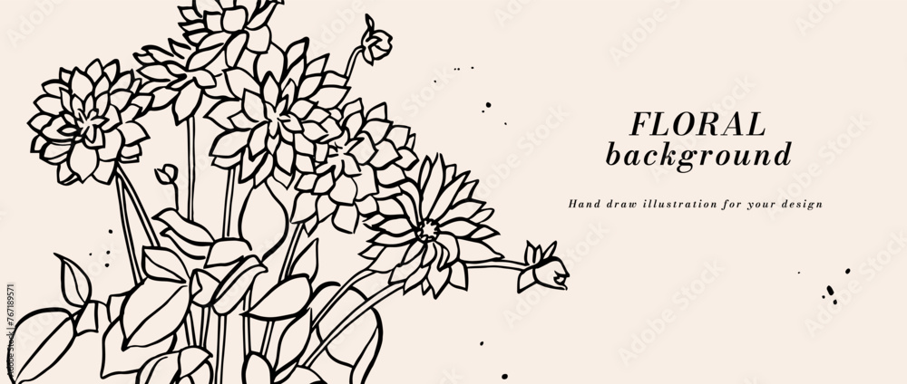 Vector background or banner with ink sketch chrysanthemums flowers and typography template. Web wallpaper. Linear floral art with botanical illustration