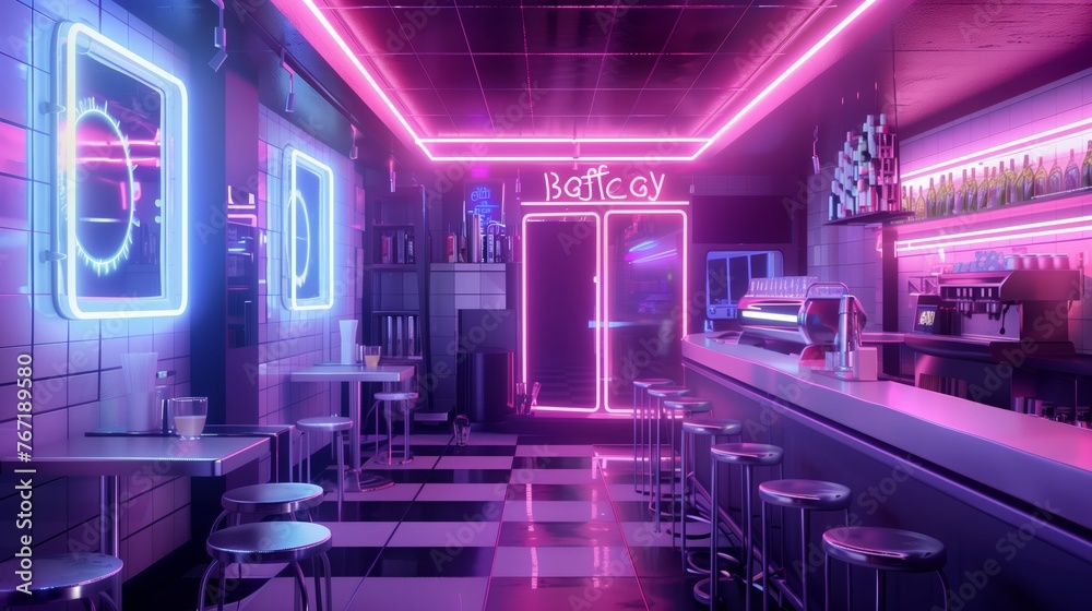 Abstract cyberpunk caffee interior with neon lights