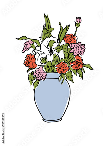 Vector illustration - colorful sketch with lily flowers with vase . Art for for prints, wall art, banner, background