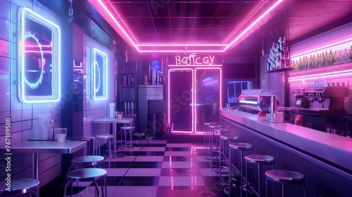 Abstract cyberpunk caffee interior with neon lights © Vahram