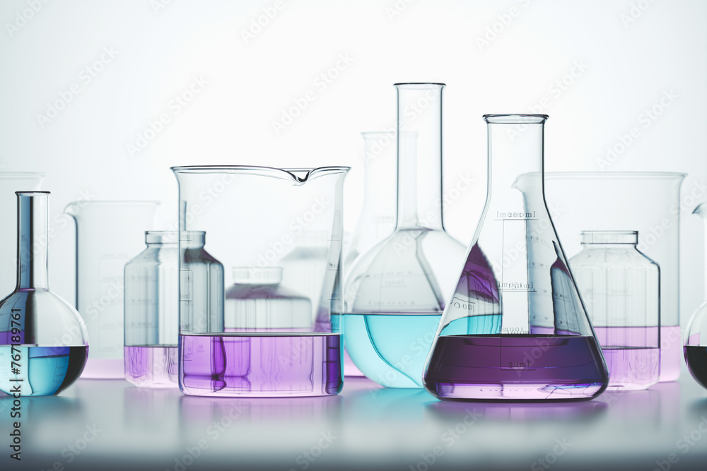 Colorful Chemical Solutions in Laboratory Glassware on White Benchtop