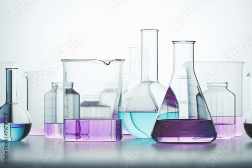 Obraz na płótnie Colorful Chemical Solutions in Laboratory Glassware on White Benchtop w salonie