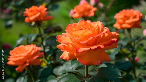 Orange roses in garden background, perfect for gardening concept