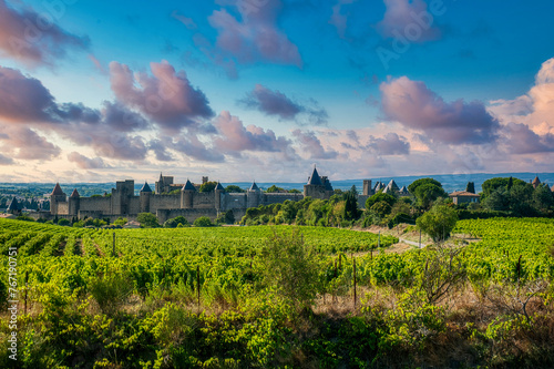 Carcassonne, a hilltop city in the Languedoc area of southern France, is famous for its medieval citadel photo