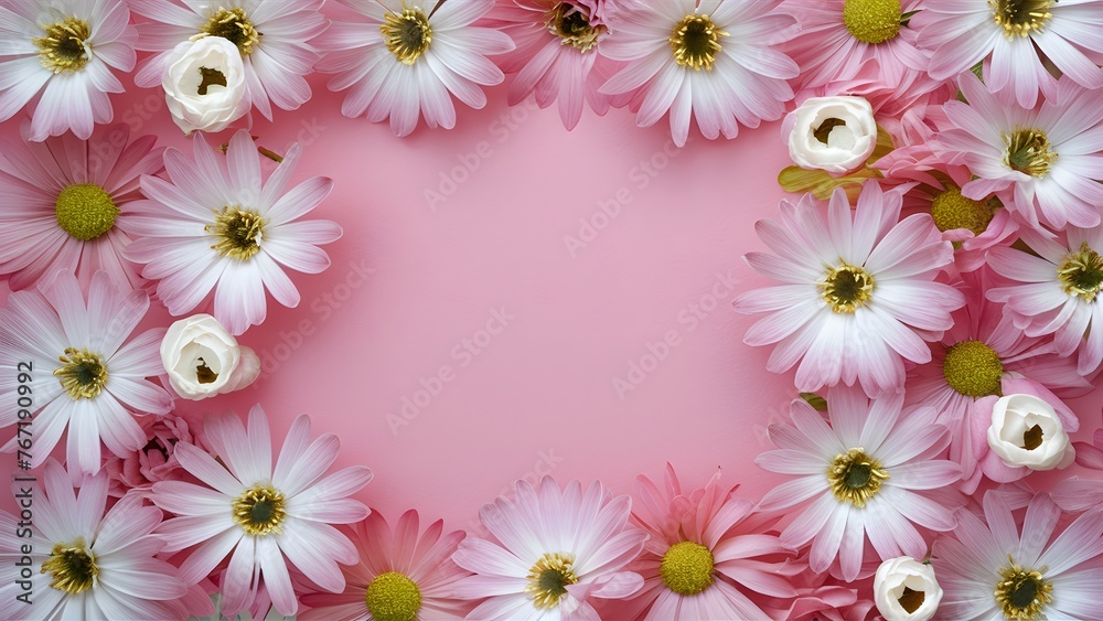 Pastel pink flowers background, top view layout for greeting card