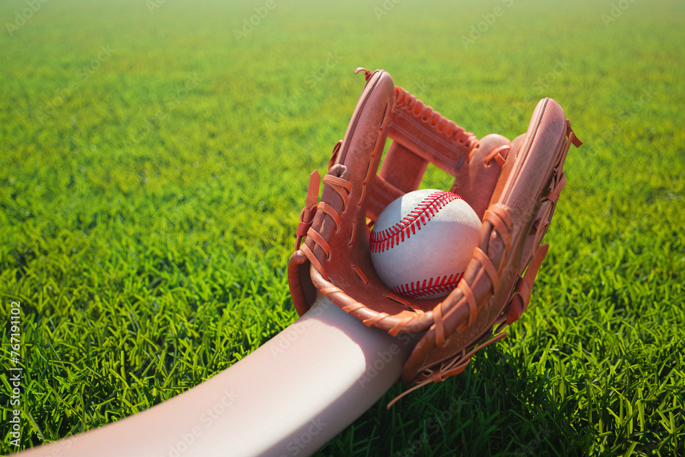Sunlit Baseball Glove and Ball Resting on a Lush Green Field, Ready for the Game