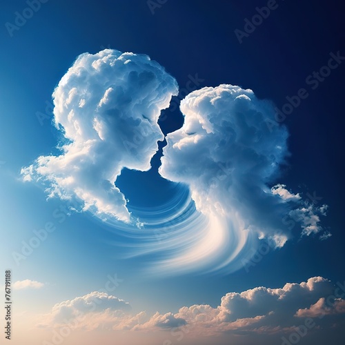 Lightly colored cloud sculpted into the shape of a couple lover kissing in the clear blue sky