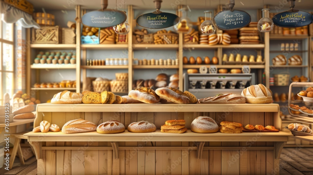 Different types of bread in the bakery on wooden counter