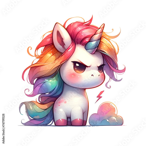 Cute unicorn watercolor design with angry theme. Illustration on a transparent background.