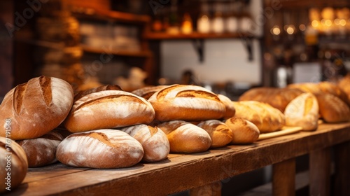 Different types of bread in the bakery on wooden counter