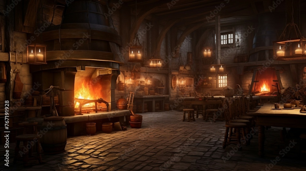 a dimly lit room with a fire in the fireplace