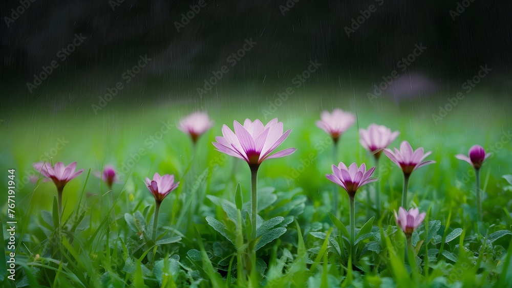 Photo Macro background of small plants and flowers under abstract rain Photo Macro background of small plants and flowers under abstract rain