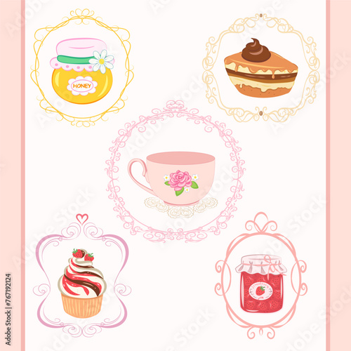 ПечатьVector seamless appetizing pattern - a cup, a slice of cake, a cake basket with cream, a jar of honey, jam in different beautiful multicolored ornate frames, vertical stripes of pale red color