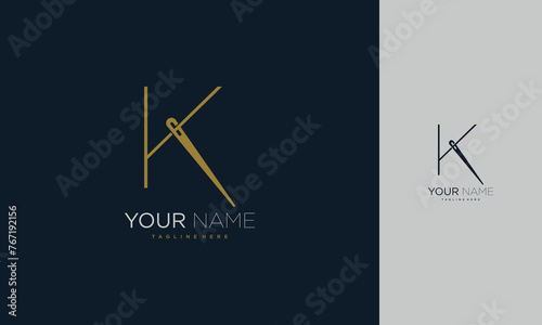 Initial letter K sewing logo formed from thread and needle with gold colour photo