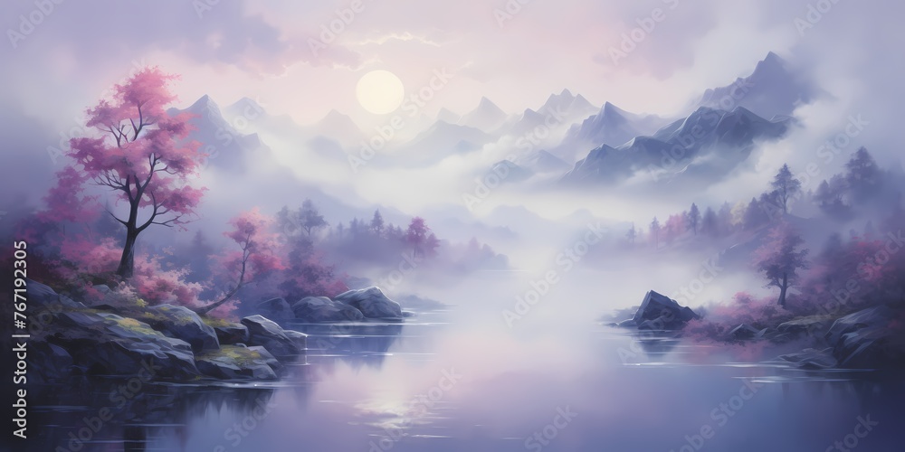 An ethereal morning mist dissipating over a gradient background of gentle blues fading into rich purples, evoking a sense of serenity and calm. - obrazy, fototapety, plakaty 