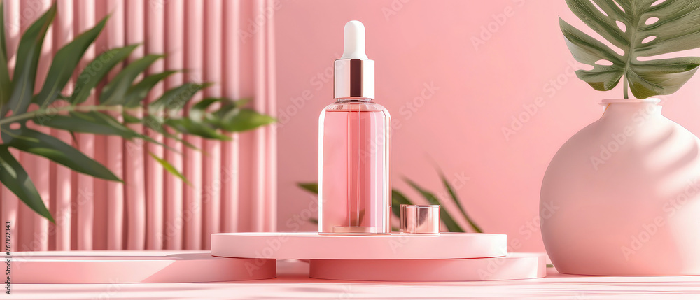 Peach fuzz, pastel cosmetic mockup. Banner with cream jar, container, serum bottle, flowers and leaf. Skin Care beauty concept. Showcase for product presentation. Ads background. Generative ai Peach fuzz, pastel cosmetic mockup. Banner with cream jar, container, serum bottle, flowers and leaf. Skin Care beauty concept. Showcase for product presentation. Ads background. Generative ai