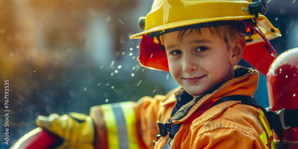 A boy as a firefighter, holding a plastic fire hose and ready to save the day A boy as a firefighter, holding a plastic fire hose and ready to save the day