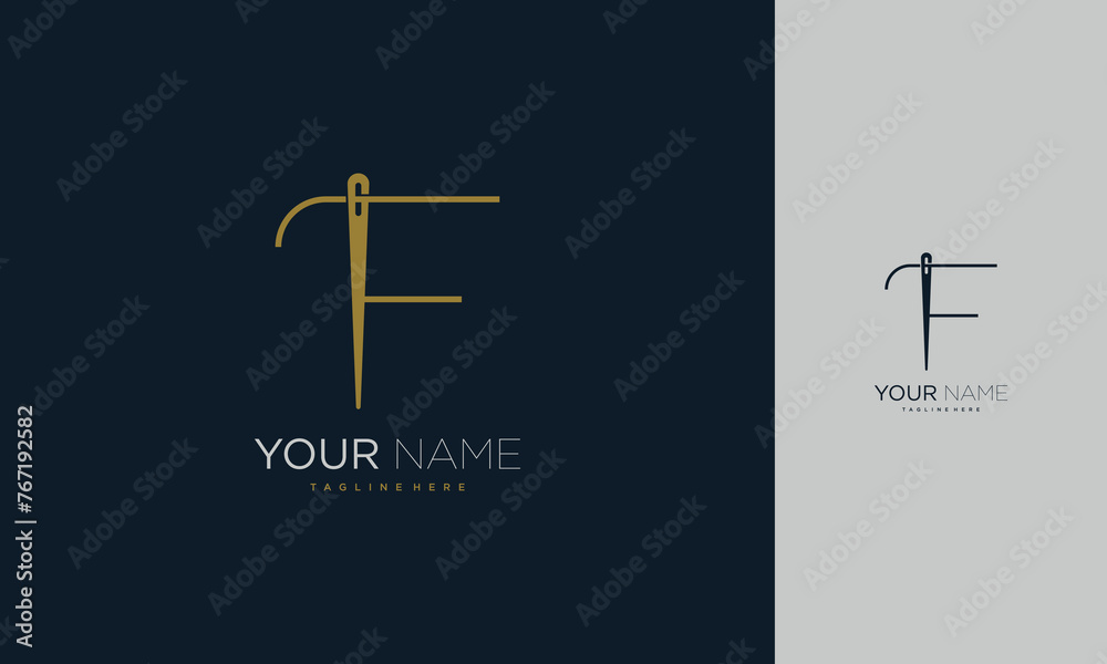 Initial letter F sewing logo formed from thread and needle with gold colour Initial letter F sewing logo formed from thread and needle with gold colour