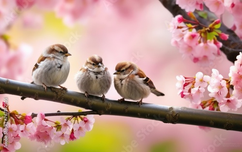 small funny Sparrow Chicks sit in the garden surrounded by pink Apple blossoms
