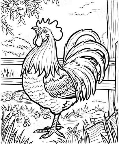 Rooster in a farm illustration coloring page for kids - coloring book