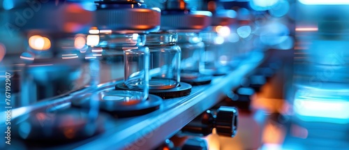 A macro shot of a sterile bottle filling line in a pharmaceutical plant emphasizing automation in liquid drug packaging