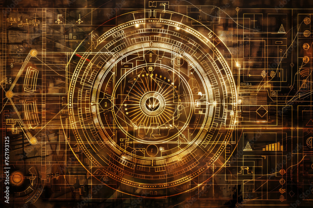 A fusion of ancient glyphs and futuristic glyphs. Spin the dials, set the coordinates, and step into parallel epochs. ,schematic diagram - obrazy, fototapety, plakaty 