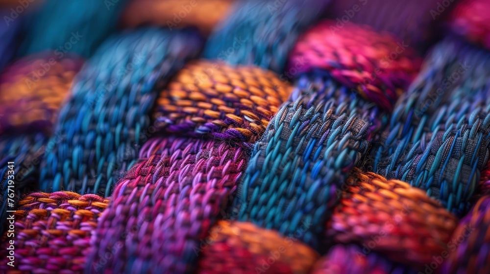 A macro shot of a complex, textile fabric weave, showcasing the detailed interplay of threads and colors