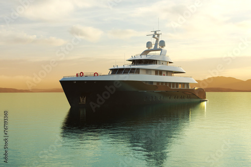 Exquisite Luxury Yacht Moored in Calm Waters Under a Spectacular Sunset Glow © Dabarti
