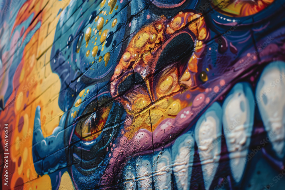 Obraz premium Vivid street art mural with intricate patterns and vibrant colors