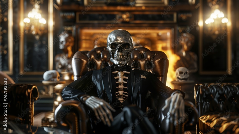 Advertising business company or brands. Stylish greedy skull skeleton dressed in an official busines - obrazy, fototapety, plakaty 