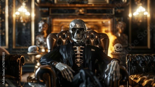 Advertising business company or brands. Stylish greedy skull skeleton dressed in an official busines photo