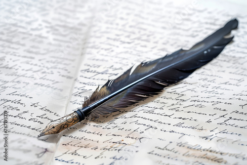 A feather pen is on top of a piece of paper with writing. The writing appears to be cursive and possibly romantic in nature. The feather pen adds a sense of elegance and nostalgia to the scene